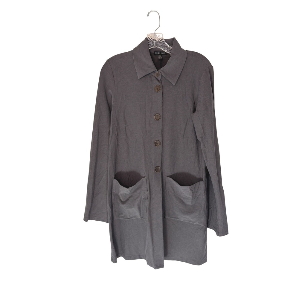 Eileen Fisher Jacket‎ Gray Lightweight Button Closure Neutral Stretch Collar XS